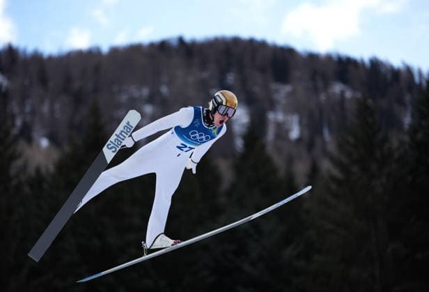 (260217) -- PREDAZZO, Feb. 17, 2026 -- Andreas Skoglund of Norway competes during the Ski jumping, Skispringen, Ski, nordisch trial round of the Nordic Combined Individual Gundersen Large Hill 10km at the 2026 Milan-Cortina Winter Olympics in Predazzo, Italy, Feb. 17, 2026. ) (MICO2026)ITALY-PREDAZZO-OLYMPIC Winter games, Winterspiele,Spiele, Summer games NORDIC COMBINED-INDIVIDUAL GUNDERSEN LARGE HILL 10KM MengxYongmin 