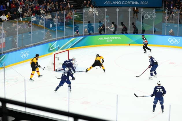 February 17, 2026, Milan, Lombardy, Italy: JOHN PETERKA 77 of Germany scores his side s third goal in the Play-off game between Team Germany and Team France at the Milano Cortina 2026 Olympic Games, Olympische Spiele, Olympia, OS Olympics 2026: Milano Cortina: Ice hockey, Eishockey Men: GER:FRA  - ZUMAc179 20260217_oly_c179_009 Copyright: xMickaelxChavetx