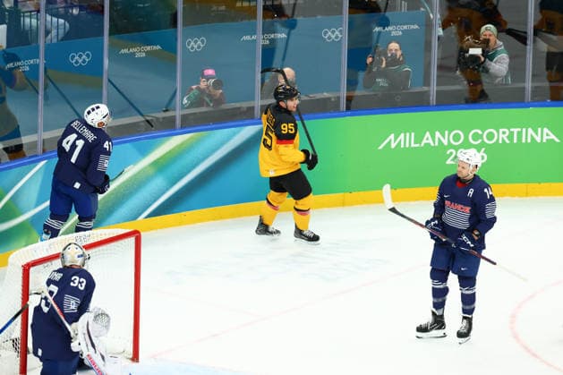 February 17, 2026, Milan, Lombardy, Italy: FREDERIK TIFFELS 95 of Germany scores his side s second goal Play-off game between Team Germany and Team France at the Milano Cortina 2026 Olympic Games, Olympische Spiele, Olympia, OS Olympics 2026: Milano Cortina: Ice hockey, Eishockey Men: GER:FRA  - ZUMAc179 20260217_oly_c179_014 Copyright: xMickaelxChavetx