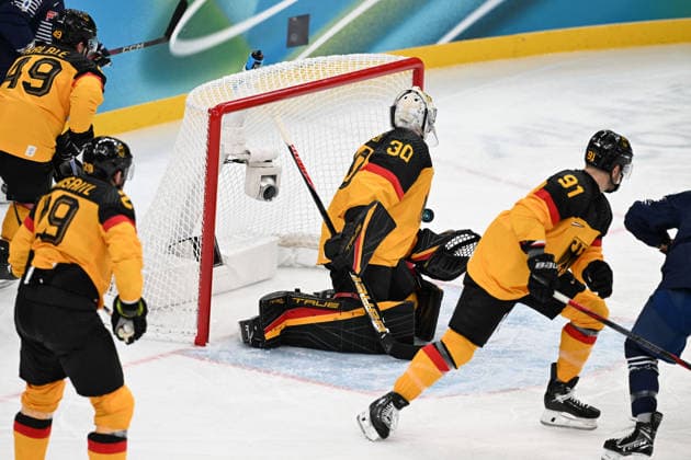 Winter Olympics - Ice hockey, Eishockey - Men - France v Germany Lukas Kalble (49) of Team Germany, Leon Draisaitl (29) of Team Germany, Philipp Grubauer (30) of Team Germany, Moritz Muller (91) of Team Germany during the men s qualification play-off ice hockey match between Germany and France at the Milano Santagiulia Ice Hockey Arena during the Milano Cortina 2026 Winter Olympic Games, Olympische Spiele, Olympia, OS in Milan, on February 17, 2026. Photo by JMP ABACAPRESS.COM Milan Italy  Copyright: xJMP ABACAx