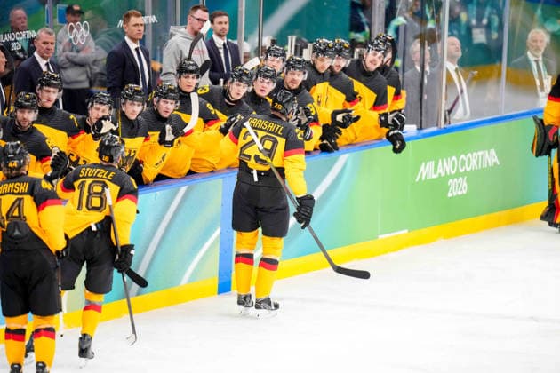 Leon Draisaitl (Germany) celebrates after scoring his team s first goal with teammates during the Ice hockey, Eishockey Men - Qualification Play-off match between Germany v France on day eleven of the Milano Cortina 2026 Winter Olympic Games, Olympische Spiele, Olympia, OS at Milano Santagiulia IHO Ice Hockey Arena on February 17, 2026 in Milan, Italy. (Photo by Alex Gottschalk DeFodi Images) - *** Leon Draisaitl Germany celebrates after scoring his team s first goal with teammates during the Ice Hockey Men Qualification Play off match between Germany v France on day eleven of the Milano Cortina 2026 Winter Olympic games at Milano Santagiulia IHO Ice Hockey Arena on February 17, 2026 in Milan, Italy Photo by Alex Gottschalk DeFodi Images
