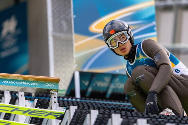 (260217) -- PREDAZZO, Feb. 17, 2026 -- Zhao Jiawen of China is seen during the Ski jumping, Skispringen, Ski, nordisch trial round of the Nordic Combined Individual Gundersen Large Hill 10km at the 2026 Milan-Cortina Winter Olympics in Predazzo, Italy, Feb. 17, 2026. ) (MICO2026)ITALY-PREDAZZO-OLYMPIC Winter games, Winterspiele,Spiele, Summer games NORDIC COMBINED-INDIVIDUAL GUNDERSEN LARGE HILL 10KM HuangxWei 