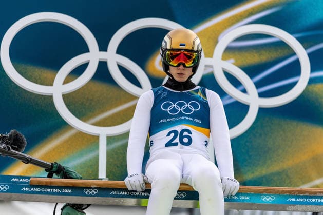 (260217) -- PREDAZZO, Feb. 17, 2026 -- Kristjan Ilves of Estonia is seen during the Ski jumping, Skispringen, Ski, nordisch trial round of the Nordic Combined Individual Gundersen Large Hill 10km at the 2026 Milan-Cortina Winter Olympics in Predazzo, Italy, Feb. 17, 2026. ) (MICO2026)ITALY-PREDAZZO-OLYMPIC Winter games, Winterspiele,Spiele, Summer games NORDIC COMBINED-INDIVIDUAL GUNDERSEN LARGE HILL 10KM HuangxWei 