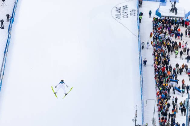 (260217) -- PREDAZZO, Feb. 17, 2026 -- Kristjan Ilves of Estonia competes during the Ski jumping, Skispringen, Ski, nordisch trial round of the Nordic Combined Individual Gundersen Large Hill 10km at the 2026 Milan-Cortina Winter Olympics in Predazzo, Italy, Feb. 17, 2026. ) (MICO2026)ITALY-PREDAZZO-OLYMPIC Winter games, Winterspiele,Spiele, Summer games NORDIC COMBINED-INDIVIDUAL GUNDERSEN LARGE HILL 10KM HuangxWei 