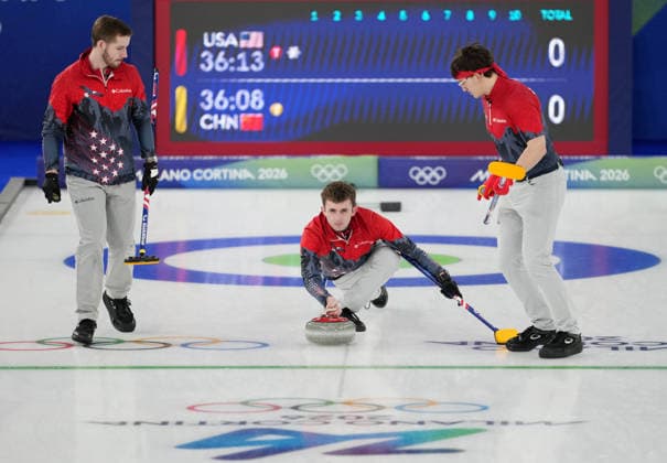 (260217) -- CORTINA D AMPEZZO, Feb. 17, 2026 -- Ben Richardson, Daniel Casper and Aidan Oldenburg (L-R) of the United States compete during the curling men s round robin session 9 match between China and the United States at the 2026 Milan-Cortina Winter Olympics in Cortina, Italy, Feb. 17, 2026. ) (MICO2026)ITALY-CORTINA D AMPEZZO-OLYMPIC Winter games, Winterspiele,Spiele, Summer games CURLING-MEN-ROUND ROBIN-CHN VS USA LixGang 