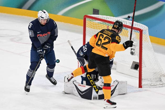 Winter Olympics - Ice hockey, Eishockey - Men - France v Germany Enzo Guebey (5) of Team France, Antoine Keller (30) of Team France, Parker Tuomie (62) of Team Germany during the men s qualification play-off ice hockey match between Germany and France at the Milano Santagiulia Ice Hockey Arena during the Milano Cortina 2026 Winter Olympic Games, Olympische Spiele, Olympia, OS in Milan, on February 17, 2026. Photo by JMP ABACAPRESS.COM Milan Italy  Copyright: xJMP ABACAx