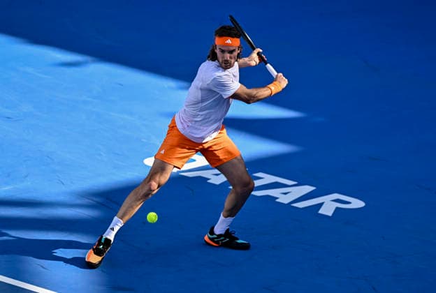 ATP, Tennis Herren QATAR EXXONMOBIL OPEN-ROUND OF 32 Stefanos Tsitsipas of Greece competes against Moez Echargui of Tunisiain the Round of 32 at the ATP men s Qatar ExxonMobil Open 2026 tennis tournament at the Khalifa International Tennis Complex in Doha, Qatar, on February 17, 2026. DOHA Qatar Copyright: xNOUSHADx