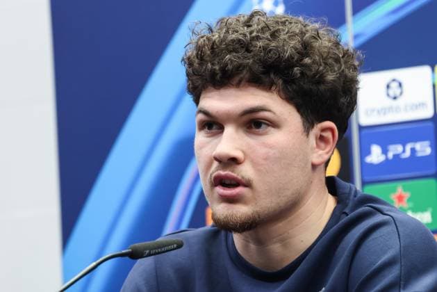 Club s Kyriani Sabbe pictured during a press conference, PK, Pressekonferenz of Belgian soccer team Club Brugge, in Brugge, on Tuesday 17 February 2026. Tomorrow, Club Brugge will play against Spanish team Atletico Madrid, a first leg game in the Knockout phase play-offs of the UEFA Champions League tournament. BRUNOxFAHY  x163949401x