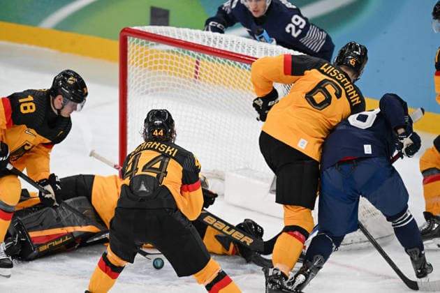 Winter Olympics - Ice hockey, Eishockey - Men - France v Germany Tim Stutzle (18) of Team Germany, Joshua Samanski (44) of Team Germany, Kai Wissmann (6) of Team Germany, Hugo Gallet (8) of Team France during the men s qualification play-off ice hockey match between Germany and France at the Milano Santagiulia Ice Hockey Arena during the Milano Cortina 2026 Winter Olympic Games, Olympische Spiele, Olympia, OS in Milan, on February 17, 2026. Photo by JMP ABACAPRESS.COM Milan Italy  Copyright: xJMP ABACAx