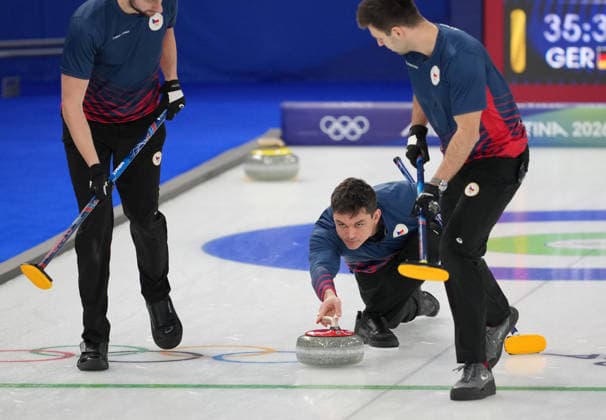 (260217) -- CORTINA D AMPEZZO, Feb. 17, 2026 -- Lukas Klima (C) of the Czech Republic competes during the curling men s round robin session 9 match between Germany and the Czech Republic at the 2026 Milan-Cortina Winter Olympics in Cortina, Italy, Feb. 17, 2026. ) (MICO2026)ITALY-CORTINA D AMPEZZO-OLYMPIC Winter games, Winterspiele,Spiele, Summer games CURLING-MEN-ROUND ROBIN-GER VS CZE LixGang 