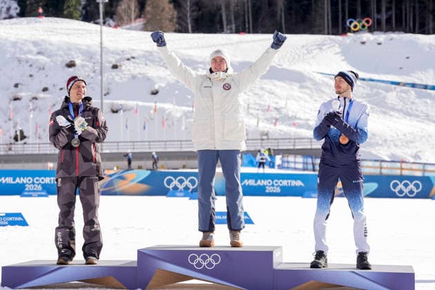 Winter Olympics in Milan Cortina 2026 Val di Fiemme, Italy 20260217. Johannes Lamparter from Austria, Jens Luraas Oftebro from Norway and Ilkka Herola from Finland on the podium after the combined 10 km cross-country skiing at Lago di Tesero during the Winter Olympics in Milano Cortina 2026. Photo: Terje Pedersen NTB Val di Fiemme Italy EDITORIAL USE ONLY. RESTRICTED USE FOR BETTING COMPANIES Ref:_SPOYn2C85zhFW8.jpg *** Winter Olympics in Milan Cortina 2026 Val di Fiemme, Italy 20260217 Johannes Lamparter from Austria, Jens Luraas Oftebro from Norway and Ilkka Herola from Finland on the podium after the combined 10 km cross country skiing at Lago di Tesero during the Winter Olympics in Milano Cortina 2026 Photo Terje Pedersen NTB Val di Fiemme Italy EDITORIAL USE ONLY RESTRICTED USE FOR BETTING COMPANIES  Copyright: xTerjexPedersenx xNTBx