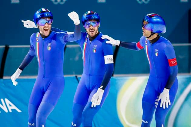 Davide Ghiotto of Italy and Andrea Giovannini of Italy and Michele Malfatti of Italy celebrates after Men s Team Pursuit Semifinals, Milano Cortina 2026 Winter Olympics: Day 11, Speed skating, Eisschnelllauf - Milano Cortina 2026 Winter Olympics: Day 11, Milano Speed Skating Stadium, February 17, 2026, Milan, Italy.