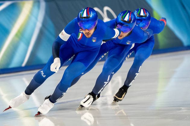 2026-02-17 - Milano Cortina 2026 Winter Olympics Speed skating, Eisschnelllauf Men s Team Pursuit MILAN, ITALY - FEBRUARY 17: Davide Ghiotto of Italy, Michele Malfatti of Italy, Andrea Giovannini of Italy during the Speed Skating Men s Team Pursuit on day 3 of the Milano Cortina 2026 Winter Olympics at the Milano Speed Skating Arena on February 17, 2026 in Milan, Italy Milan Milano Speed Skating Arena Italy Content not available for redistribution in The Netherlands directly or indirectly through any third parties. Copyright: xAndrexWeeningx