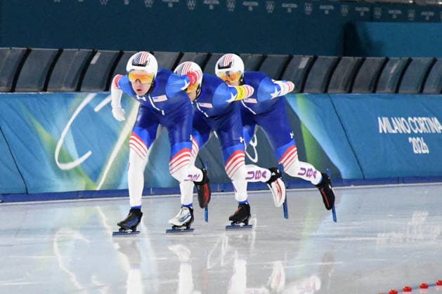 GIOCHI OLIMPICI - Olimpiadi Invernali Milano-Cortina 2026 - Speed skating, Eisschnelllauf Men s Team Pursuit - Final A Team USA during Speed Skating Men s Team Pursuit - Final A, Olympic Winter games, Winterspiele,Spiele, Summer games Milano-Cortina 2026 in Milan, Italy, February 17 2026 Cortina D Ampezzo Italy  Copyright: xIPAxSport ABACAx