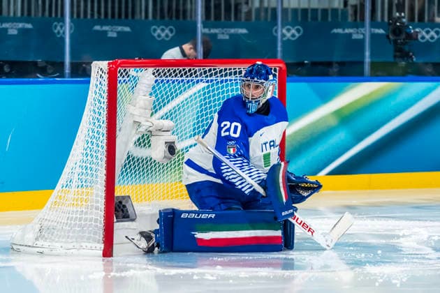 February 17, 2026, Milan, Lombardy, Italy: Goalkeeper Damian Clara 20 Of Team Italy prepares to play against Team Switzerland in the Preliminary Round Group B at the Milano Rho Ice hockey, Eishockey Arena in MILAN, Italy during the 2026 Milano Cortina Winter Olympics. Team Switzerland defeats Italy 3:0 and heads to the quarterfinals against Team Finland. Milan Italy - ZUMAa161 20260217_oly_a161_151 Copyright: xWalterxG.xArcex