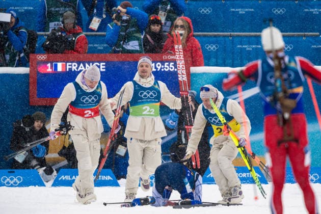 260217 Fabien Claude of France. Emilien Jacquelin of France, Quentin Fillon Maillet of France and Eric Perrot of France celebrate after competing in men s 4 x 7,5 km relay biathlon during day 11 of the 2026 Winter Olympics on February 17, 2026 in Anterselva. Photo: Joel Marklund BILDBYRAN kod JM JM0796 skidskytte biathlon skiskyting Olympic Games, Olympische Spiele, Olympia, OS olympics winter olympics os ol olympiska spel vinter-os olympiske leker milano cortina 2026 milan cortina 2026 milano cortina 2026 olympic games milano cortina 2026 winter olympic games milano cortina-os milano cortina-ol vinter-ol 11 bbeng stafett relay frankrike jubel *** 260217 Fabien Claude of France Emilien Jacquelin of France, Quentin Fillon Maillet of France and Eric Perrot of France celebrate after competing in men s 4 x 7,5 km relay biathlon during day 11 of the 2026 Winter Olympics on February 17, 2026 in Anterselva Photo Joel Marklund BILDBYRAN code JM JM0796 biathlon biathlon biathlon olympic games olympics olympics winter olympics os ol olympiska spel vinter os olympiske leker milano cortina 2026 milan cortina 2026 milan cortina 2026 olympic games milano cortina 2026 winter olympic games milano cortina os milano cortina ol vinter ol 11 bbeng relay relay france jubel  Copyright: JOELxMARKLUND BB260217JM059