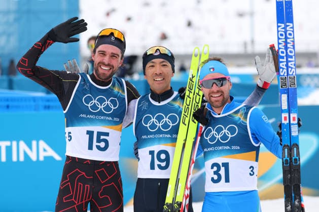 (L-R) RYDZEK Johannes (GER), Akito Watabe (JPN), PITTIN Alessandro (ITA), FEBRUARY 17, 2026 - Nordic Combined : Individual LH 10km during the Milano Cortina 2026 Olympic Winter games, Winterspiele,Spiele, Summer games at Tesero Cross-Country Skiing Stadium in Tesero, Italy. Noxthirdxpartyxsales  aflo_320230448