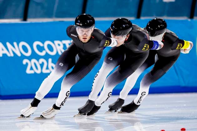Patrick Beckert of Germany and Felix Maly of Germany and Fridtjof Petzold of Germany Men s Team Pursuit Finals, Milano Cortina 2026 Winter Olympics: Day 11, Speed skating, Eisschnelllauf - Milano Cortina 2026 Winter Olympics: Day 11, Milano Speed Skating Stadium, February 17, 2026, Milan, Italy.