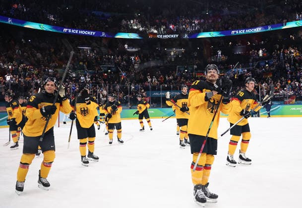 (260217) -- MILAN, Feb. 17, 2026 -- Players of Germany react after the Ice hockey, Eishockey men s qualification play-off match between Germany and France at the Milan-Cortina 2026 Olympic Winter games, Winterspiele,Spiele, Summer games in Milan, Italy, Feb. 17, 2026. ) (MICO2026)ITALY-MILAN-OLYMPIC WINTER GAMES-ICE HOCKEY-MEN-QUALIFICATION PLAY-OFF-GER VS FRA WangxKaiyan 
