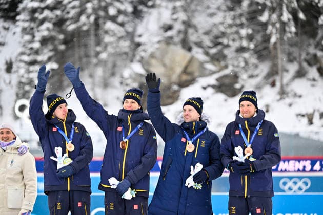 ANTERSELVA, ITALY 20260217 Sweden s Sebastian Samuelsson, Martin Ponsiluoma, Jesper Nelin, and Viktor Brandt on the podium after winning bronze in the men s biathlon relay, 4x7.5km, in Anterselva during the Winter Olympics in Milan Cortina, Italy. *** The image is included in the SPORTS PACKAGE. For others PAYMENT IMAGE *** ANTERSELVA ITALY x10050x *** ANTERSELVA, ITALY 20260217 Sweden s Sebastian Samuelsson, Martin Ponsiluoma, Jesper Nelin, and Viktor Brandt on the podium after winning bronze in the men s biathlon relay, 4x7 5km, in Anterselva during the Winter Olympics in Milan Cortina, Italy The image is included in the SPORTS PACKAGE For others PAYMENT IMAGE ANTERSELVA ITALY x10050x  Copyright: xPontusxLundahl TTx 2026 OLYMPICS MEN S BI-SHOOTING RELAY