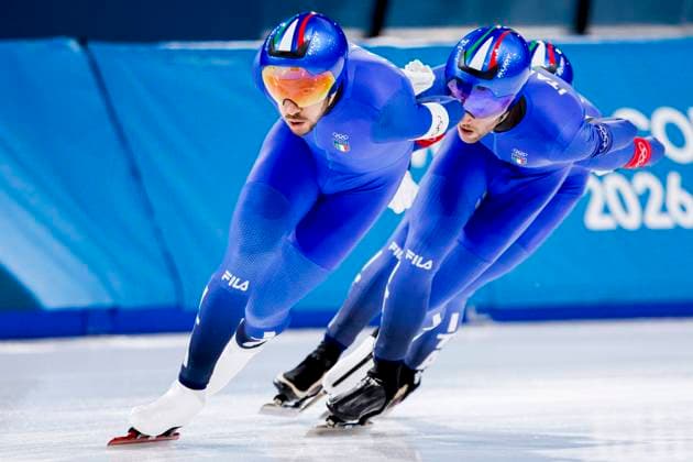 Davide Ghiotto of Italy and Michele Malfatti of Italy and Andrea Giovannini of Italy Men s Team Pursuit Finals, Milano Cortina 2026 Winter Olympics: Day 11, Speed skating, Eisschnelllauf - Milano Cortina 2026 Winter Olympics: Day 11, Milano Speed Skating Stadium, February 17, 2026, Milan, Italy.