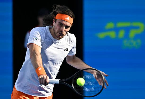February 17, 2026, Doha, Qatar: Stefanos Tsitsipas of Greece is seen in action against Moez Echargui of Tunisia (not in view) during the Round of 32 at the ATP, Tennis Herren men™s Qatar ExxonMobil Open 2026 tennis tournament at the Khalifa International Tennis Complex. Stefanos Tsitsipas won against Moez Echargui 6-4, 6-4. Doha Qatar - ZUMAs197 20260217_aaa_s197_087 Copyright: xNoushadxVariyattiyakkalx