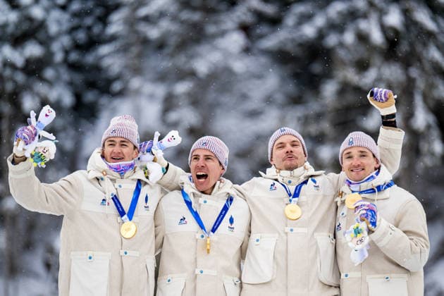 260217 Fabien Claude. Emilien Jacquelin, Quentin Fillon Maillet and Eric Perrot of France celebrate on the podium after men s 4 x 7,5 km relay biathlon during day 11 of the 2026 Winter Olympics on February 17, 2026 in Anterselva. Photo: Joel Marklund BILDBYRAN kod JM JM0796 skidskytte biathlon skiskyting Olympic Games, Olympische Spiele, Olympia, OS olympics winter olympics os ol olympiska spel vinter-os olympiske leker milano cortina 2026 milan cortina 2026 milano cortina 2026 olympic games milano cortina 2026 winter olympic games milano cortina-os milano cortina-ol vinter-ol 11 bbeng stafett relay frankrike jubel *** 260217 Fabien Claude Emilien Jacquelin, Quentin Fillon Maillet and Eric Perrot of France celebrate on the podium after men s 4 x 7,5 km relay biathlon during day 11 of the 2026 Winter Olympics on February 17, 2026 in Anterselva Photo Joel Marklund BILDBYRAN code JM JM0796 biathlon biathlon biathlon olympic games olympics olympics winter olympics os ol olympic games winter os olympic games milano cortina 2026 milan cortina 2026 milan cortina 2026 milan cortina 2026 olympic games milano cortina 2026 winter olympic games milano cortina os milano cortina ol winter ol 11 bbeng relay relay france cheering  Copyright: JOELxMARKLUND BB260217JM079