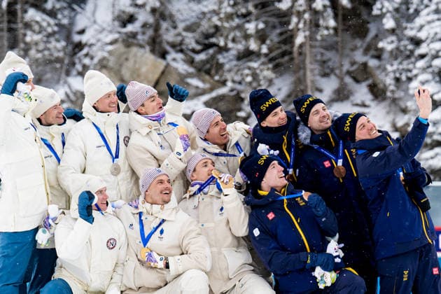 260217 Vetle Sjastad Christiansen, Sturla Holm Laegreid, Johan-Olav Botn and Martin Uldal of Norway, Fabien Claude. Emilien Jacquelin, Quentin Fillon Maillet and Eric Perrot of France Sebastian Samuelsson, Martin Ponsiluoma, Jesper Nelin and Viktor Brandt of Sweden celebrate on the podium after men s 4 x 7,5 km relay biathlon during day 11 of the 2026 Winter Olympics on February 17, 2026 in Anterselva. Photo: Joel Marklund BILDBYRAN kod JM JM0796 skidskytte biathlon skiskyting Olympic Games, Olympische Spiele, Olympia, OS olympics winter olympics os ol olympiska spel vinter-os olympiske leker milano cortina 2026 milan cortina 2026 milano cortina 2026 olympic games milano cortina 2026 winter olympic games milano cortina-os milano cortina-ol vinter-ol 11 bbeng stafett relay norge frankrike sverige jubel *** 260217 Vetle Sjastad Christiansen, Sturla Holm Laegreid, Johan Olav Botn and Martin Uldal of Norway, Fabien Claude Emilien Jacquelin, Quentin Fillon Maillet and Eric Perrot of France Sebastian Samuelsson, Martin Ponsiluoma, Jesper Nelin and Viktor Brandt of Sweden celebrate on the podium after men s 4 x 7,5 km relay biathlon during day 11 of the 2026 Winter Olympics on February 17, 2026 in Anterselva Photo Joel Marklund BILDBYRAN code JM JM0796 biathlon biathlon biathlon olympic games olympics olympics winter olympics os ol olympiska spel vinter os olympiske leker milano cortina 2026 milan cortina 2026 milan cortina 2026 olympic games milano cortina 2026 winter olympic games milano cortina os milano cortina ol vinter ol 11 bbeng relay norge frankrike sverige jubel  Copyright: JOELxMARKLUND BB260217JM080