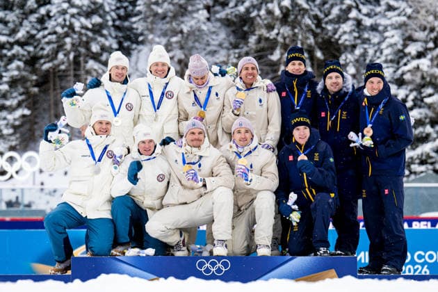 260217 Vetle Sjastad Christiansen, Sturla Holm Laegreid, Johan-Olav Botn and Martin Uldal of Norway, Fabien Claude. Emilien Jacquelin, Quentin Fillon Maillet and Eric Perrot of France Sebastian Samuelsson, Martin Ponsiluoma, Jesper Nelin and Viktor Brandt of Sweden celebrate on the podium after men s 4 x 7,5 km relay biathlon during day 11 of the 2026 Winter Olympics on February 17, 2026 in Anterselva. Photo: Joel Marklund BILDBYRAN kod JM JM0796 skidskytte biathlon skiskyting Olympic Games, Olympische Spiele, Olympia, OS olympics winter olympics os ol olympiska spel vinter-os olympiske leker milano cortina 2026 milan cortina 2026 milano cortina 2026 olympic games milano cortina 2026 winter olympic games milano cortina-os milano cortina-ol vinter-ol 11 bbeng stafett relay norge frankrike sverige jubel *** 260217 Vetle Sjastad Christiansen, Sturla Holm Laegreid, Johan Olav Botn and Martin Uldal of Norway, Fabien Claude Emilien Jacquelin, Quentin Fillon Maillet and Eric Perrot of France Sebastian Samuelsson, Martin Ponsiluoma, Jesper Nelin and Viktor Brandt of Sweden celebrate on the podium after men s 4 x 7,5 km relay biathlon during day 11 of the 2026 Winter Olympics on February 17, 2026 in Anterselva Photo Joel Marklund BILDBYRAN code JM JM0796 biathlon biathlon biathlon olympic games olympics olympics winter olympics os ol olympiska spel vinter os olympiske leker milano cortina 2026 milan cortina 2026 milan cortina 2026 olympic games milano cortina 2026 winter olympic games milano cortina os milano cortina ol vinter ol 11 bbeng relay norge frankrike sverige jubel  Copyright: JOELxMARKLUND BB260217JM082