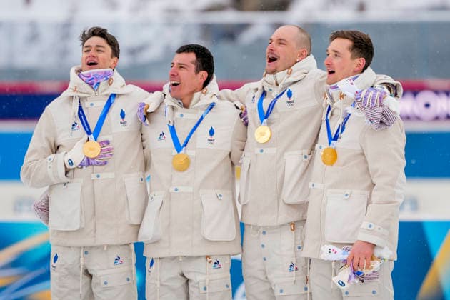 Winter Olympics in Milan Cortina 2026 Anterselva, Italy 20260217. Eric Perrot, Quentin Fillon Maillet, Emilien Jacquelin and Fabien Claude from France on the podium after the men s 4 x 7.5 km relay in biathlon during the Winter Olympics in Milano Cortina 2026. Photo: Heiko Junge NTB Anterselva Italy EDITORIAL USE ONLY. RESTRICTED USE FOR BETTING COMPANIES Ref:_SPOzkrHdOm5Uw8.jpg *** Winter Olympics in Milan Cortina 2026 Anterselva, Italy 20260217 Eric Perrot, Quentin Fillon Maillet, Emilien Jacquelin and Fabien Claude from France on the podium after the men s 4 x 7 5 km relay in biathlon during the Winter Olympics in Milano Cortina 2026 Photo Heiko Junge NTB Anterselva Italy EDITORIAL USE ONLY RESTRICTED USE FOR BETTING COMPANIES  Copyright: xHeikoxJungex xNTBx