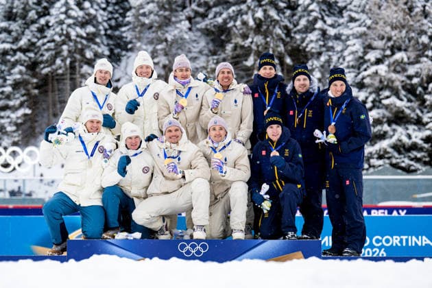 260217 Vetle Sjastad Christiansen, Sturla Holm Laegreid, Johan-Olav Botn and Martin Uldal of Norway, Fabien Claude. Emilien Jacquelin, Quentin Fillon Maillet and Eric Perrot of France Sebastian Samuelsson, Martin Ponsiluoma, Jesper Nelin and Viktor Brandt of Sweden celebrate on the podium after men s 4 x 7,5 km relay biathlon during day 11 of the 2026 Winter Olympics on February 17, 2026 in Anterselva. Photo: Joel Marklund BILDBYRAN kod JM JM0796 skidskytte biathlon skiskyting Olympic Games, Olympische Spiele, Olympia, OS olympics winter olympics os ol olympiska spel vinter-os olympiske leker milano cortina 2026 milan cortina 2026 milano cortina 2026 olympic games milano cortina 2026 winter olympic games milano cortina-os milano cortina-ol vinter-ol 11 bbeng stafett relay norge frankrike sverige jubel *** 260217 Vetle Sjastad Christiansen, Sturla Holm Laegreid, Johan Olav Botn and Martin Uldal of Norway, Fabien Claude Emilien Jacquelin, Quentin Fillon Maillet and Eric Perrot of France Sebastian Samuelsson, Martin Ponsiluoma, Jesper Nelin and Viktor Brandt of Sweden celebrate on the podium after men s 4 x 7,5 km relay biathlon during day 11 of the 2026 Winter Olympics on February 17, 2026 in Anterselva Photo Joel Marklund BILDBYRAN code JM JM0796 biathlon biathlon biathlon olympic games olympics olympics winter olympics os ol olympiska spel vinter os olympiske leker milano cortina 2026 milan cortina 2026 milan cortina 2026 olympic games milano cortina 2026 winter olympic games milano cortina os milano cortina ol vinter ol 11 bbeng relay norge frankrike sverige jubel  Copyright: JOELxMARKLUND BB260217JM083