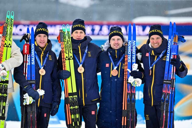 ANTERSELVA, ITALY 20260217 Sweden s Sebastian Samuelsson, Martin Ponsiluoma, Jesper Nelin, and Viktor Brandt on the podium after winning bronze in the men s biathlon relay, 4x7.5km, in Anterselva during the Winter Olympics in Milan Cortina, Italy. *** The image is included in the SPORTS PACKAGE. For others PAYMENT IMAGE *** ANTERSELVA ITALY x10050x *** ANTERSELVA, ITALY 20260217 Sweden s Sebastian Samuelsson, Martin Ponsiluoma, Jesper Nelin, and Viktor Brandt on the podium after winning bronze in the men s biathlon relay, 4x7 5km, in Anterselva during the Winter Olympics in Milan Cortina, Italy The image is included in the SPORTS PACKAGE For others PAYMENT IMAGE ANTERSELVA ITALY x10050x  Copyright: xPontusxLundahl TTx 2026 OLYMPICS MEN S BI-SHOOTING RELAY