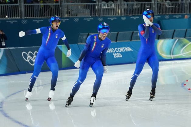 Italy team Davide Ghiotto, Andrea Giovannini and Michele Malfatti win gold medal during the Speed skating, Eisschnelllauf Men s Team Pursuit at the Milano Cortina 2026 Winter Olympics, in Milan (Italy) February 17, 2026 (Photo Gian Mattia D Alberto LaPresse)  Copyright: xGianxMattiaxD Alberto LaPressex
