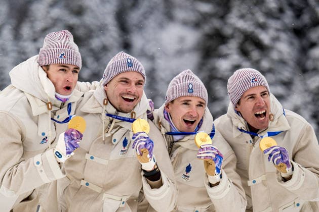 260217 Fabien Claude. Emilien Jacquelin, Quentin Fillon Maillet and Eric Perrot of France celebrate on the podium after men s 4 x 7,5 km relay biathlon during day 11 of the 2026 Winter Olympics on February 17, 2026 in Anterselva. Photo: Joel Marklund BILDBYRAN kod JM JM0796 skidskytte biathlon skiskyting Olympic Games, Olympische Spiele, Olympia, OS olympics winter olympics os ol olympiska spel vinter-os olympiske leker milano cortina 2026 milan cortina 2026 milano cortina 2026 olympic games milano cortina 2026 winter olympic games milano cortina-os milano cortina-ol vinter-ol 11 bbeng stafett relay frankrike jubel *** 260217 Fabien Claude Emilien Jacquelin, Quentin Fillon Maillet and Eric Perrot of France celebrate on the podium after men s 4 x 7,5 km relay biathlon during day 11 of the 2026 Winter Olympics on February 17, 2026 in Anterselva Photo Joel Marklund BILDBYRAN code JM JM0796 biathlon biathlon biathlon olympic games olympics olympics winter olympics os ol olympic games winter os olympic games milano cortina 2026 milan cortina 2026 milan cortina 2026 milan cortina 2026 olympic games milano cortina 2026 winter olympic games milano cortina os milano cortina ol winter ol 11 bbeng relay relay france cheering  Copyright: JOELxMARKLUND BB260217JM087