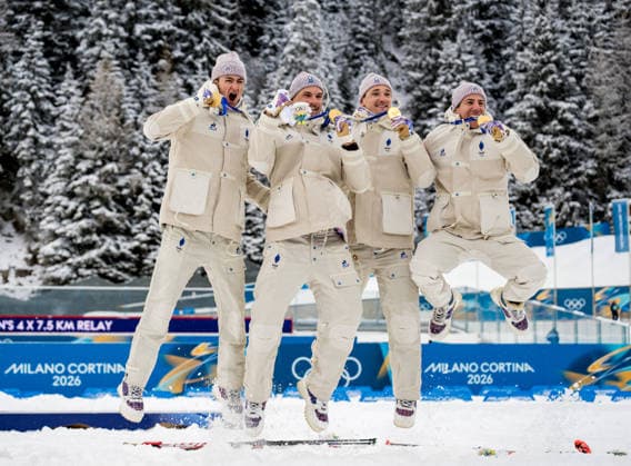 260217 Fabien Claude. Emilien Jacquelin, Quentin Fillon Maillet and Eric Perrot of France celebrate on the podium after men s 4 x 7,5 km relay biathlon during day 11 of the 2026 Winter Olympics on February 17, 2026 in Anterselva. Photo: Joel Marklund BILDBYRAN kod JM JM0796 skidskytte biathlon skiskyting Olympic Games, Olympische Spiele, Olympia, OS olympics winter olympics os ol olympiska spel vinter-os olympiske leker milano cortina 2026 milan cortina 2026 milano cortina 2026 olympic games milano cortina 2026 winter olympic games milano cortina-os milano cortina-ol vinter-ol 11 bbeng stafett relay frankrike jubel *** 260217 Fabien Claude Emilien Jacquelin, Quentin Fillon Maillet and Eric Perrot of France celebrate on the podium after men s 4 x 7,5 km relay biathlon during day 11 of the 2026 Winter Olympics on February 17, 2026 in Anterselva Photo Joel Marklund BILDBYRAN code JM JM0796 biathlon biathlon biathlon olympic games olympics olympics winter olympics os ol olympic games winter os olympic games milano cortina 2026 milan cortina 2026 milan cortina 2026 milan cortina 2026 olympic games milano cortina 2026 winter olympic games milano cortina os milano cortina ol winter ol 11 bbeng relay relay france cheering  Copyright: JOELxMARKLUND BB260217JM088