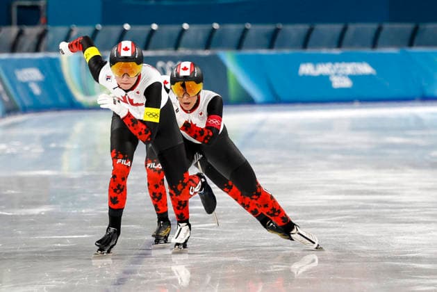 Isabelle Weidemann leads Team Canada followed by Valerie Maltais and Ivanie Blondin during the Women s Speed skating, Eisschnelllauf Team Pursuit Finals at the Milano Speed Skating Stadium in Milan, Italy on Tuesday, February 17, 2026. Canada won gold, Netherlands won silver and Japan won bronze.  OLY20260217953 AARONxJOSEFCZYK