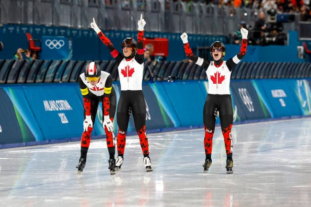 Isabelle Weidemann, Valerie Maltais and Ivanie Blondin of Team Canada celebrate winning gold during the Women s Speed skating, Eisschnelllauf Team Pursuit Finals at the Milano Speed Skating Stadium in Milan, Italy on Tuesday, February 17, 2026. Netherlands won silver and Japan won bronze.  OLY20260217955 AARONxJOSEFCZYK