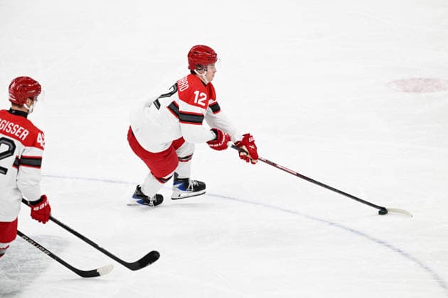 Winter Olympics - Ice hockey, Eishockey Men Czechia vs Denmark - Qualification Play-off Oscar Moelgaard (12) of Denmark during Ice Hockey Men Czechia vs Denmark - Qualification Play-off on day eleven of the Milano Cortina 2026 Winter Olympic Games, Olympische Spiele, Olympia, OS on February 17, 2026 in Milan, Italy. Photo by JMP ABACAPRESS.COM Milan Italy  Copyright: xJMP ABACAx