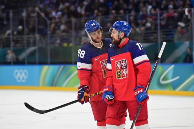 XXV Winter Olympic Games, Olympische Spiele, Olympia, OS in Milan, Italy, on February 17, 2026. Men s Ice hockey, Eishockey preliminary round playoffs, Czechia - Denmark. L-R David Pastrnak, Filip Hronek (both CZE). (CTKxPhoto MichalxKamaryt) CTKPhotoP2026021706599  CTKPhotoP2026021706599