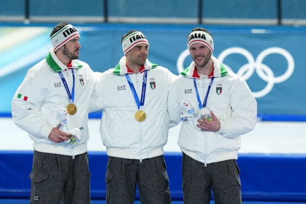 Italy team Davide Ghiotto, Andrea Giovannini and Michele Malfatti win gold medal during the Speed skating, Eisschnelllauf Men s Team Pursuit at the Milano Cortina 2026 Winter Olympics, in Milan (Italy) February 17, 2026 (Photo Gian Mattia D Alberto LaPresse)  Copyright: xGianxMattiaxD Alberto LaPressex