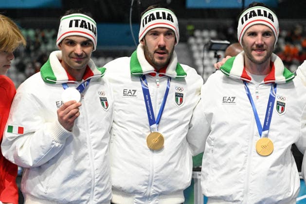 Davide Ghiotto, Andrea Giovannini e Michele Malfatti, gold medal during Speed skating, Eisschnelllauf Men s Team Pursuit - Final A, Olympic Winter games, Winterspiele,Spiele, Summer games Milano-Cortina 2026 in Milan, Italy, February 17 2026  Copyright: xPasqualexGolia IPAxSportx xipa-agency.netx xx IPA_71648966 IPA_Agency_IPA71648966