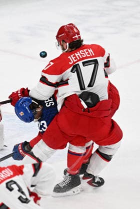 Winter Olympics - Ice hockey, Eishockey Men Czechia vs Denmark - Qualification Play-off Nicklas Jensen (17) of Denmark during Ice Hockey Men Czechia vs Denmark - Qualification Play-off on day eleven of the Milano Cortina 2026 Winter Olympic Games, Olympische Spiele, Olympia, OS on February 17, 2026 in Milan, Italy. Photo by JMP ABACAPRESS.COM Milan Italy  Copyright: xJMP ABACAx
