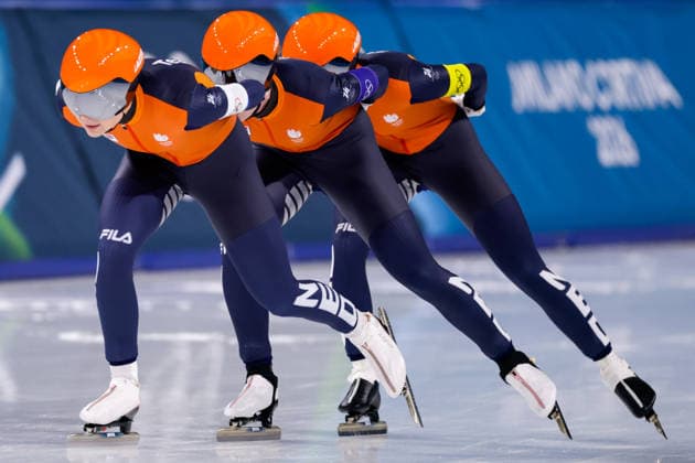 2026-02-17 Speed skating, Eisschnelllauf - Milano Cortina 2026 Winter Olympics - Day 11 MILAN, ITALY - FEBRUARY 17: Joy Beune of the Netherlands, Antoinette Rijpma-De Jong of the Netherlands, Marijke Groenewoud of the Netherlands competing in the Women s Team Pursuit during Day 11 of Speed Skating - Milano Cortina 2026 Winter Olympics at Milano Speed Skating Stadium on February 17, 2026 in Milan, Italy. (Photo by Joris Verwijst BSR Agency) Milan Italy Content not available for redistribution in The Netherlands directly or indirectly through any third parties. Copyright: xBSRxAgencyx