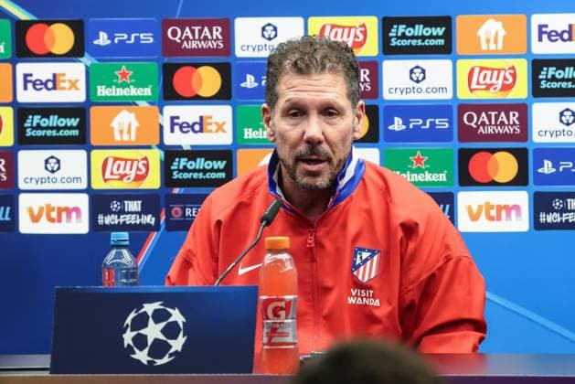 Atletico Madrid s head coach Diego Simeone pictured during a press conference, PK, Pressekonferenz of Spanish soccer team Atletico Madrid, in Brugge, on Tuesday 17 February 2026. Tomorrow, they will play against Belgian team Club Brugge, a first leg game in the Knockout phase play-offs of the UEFA Champions League tournament. BRUNOxFAHY  x163986278x