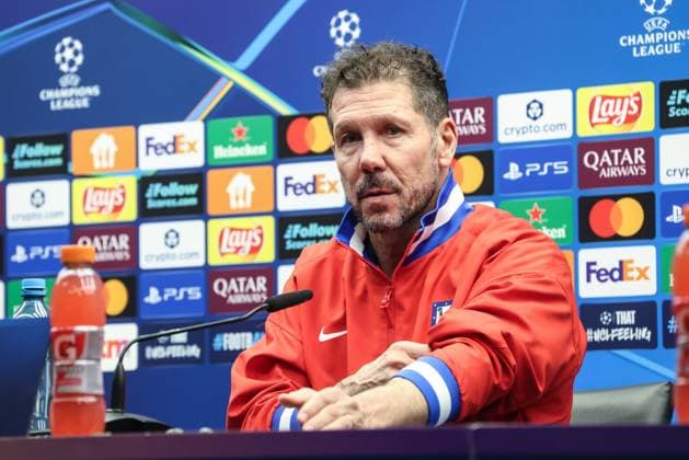 Atletico Madrid s head coach Diego Simeone pictured during a press conference, PK, Pressekonferenz of Spanish soccer team Atletico Madrid, in Brugge, on Tuesday 17 February 2026. Tomorrow, they will play against Belgian team Club Brugge, a first leg game in the Knockout phase play-offs of the UEFA Champions League tournament. BRUNOxFAHY  x163986427x