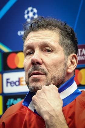 Atletico Madrid s head coach Diego Simeone pictured during a press conference, PK, Pressekonferenz of Spanish soccer team Atletico Madrid, in Brugge, on Tuesday 17 February 2026. Tomorrow, they will play against Belgian team Club Brugge, a first leg game in the Knockout phase play-offs of the UEFA Champions League tournament. BRUNOxFAHY  x163986446x