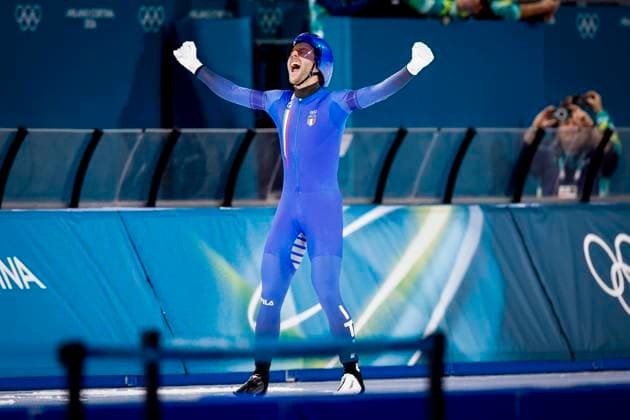 Davide Ghiotto of Italy celebrates after Men s Team Pursuit Finals, Milano Cortina 2026 Winter Olympics: Day 11, Speed skating, Eisschnelllauf - Milano Cortina 2026 Winter Olympics: Day 11, Milano Speed Skating Stadium, February 17, 2026, Milan, Italy.