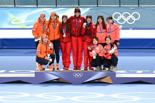 GIOCHI OLIMPICI - Olimpiadi Invernali Milano-Cortina 2026 - Speed skating, Eisschnelllauf Women s Team Pursuit - Final A Medal ceremony pursuit women: CANADA Gold, NEDERLAND Silver, JAPAN Bronze during Speed Skating Women s Team Pursuit - Final A, Olympic Winter games, Winterspiele,Spiele, Summer games Milano-Cortina 2026 in Milan, Italy, February 17 2026 Cortina D Ampezzo Italy  Copyright: xIPAxSport ABACAx