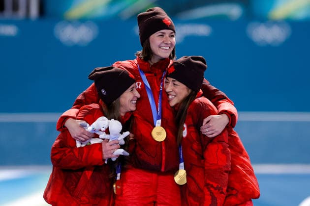 2026-02-17 Speed skating, Eisschnelllauf - Milano Cortina 2026 Winter Olympics - Day 11 MILAN, ITALY - FEBRUARY 17: Ivanie Blondin of Canada, Isabelle Weidemann of Canada, Valerie Maltais of Canada during the podium ceremony after competing in the Women s Team Pursuit during Day 11 of Speed Skating - Milano Cortina 2026 Winter Olympics at Milano Speed Skating Stadium on February 17, 2026 in Milan, Italy. (Photo by Joris Verwijst BSR Agency) Milan Italy Content not available for redistribution in The Netherlands directly or indirectly through any third parties. Copyright: xBSRxAgencyx