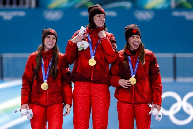 2026-02-17 Speed skating, Eisschnelllauf - Milano Cortina 2026 Winter Olympics - Day 11 MILAN, ITALY - FEBRUARY 17: Ivanie Blondin of Canada, Isabelle Weidemann of Canada, Valerie Maltais of Canada during the podium ceremony after competing in the Women s Team Pursuit during Day 11 of Speed Skating - Milano Cortina 2026 Winter Olympics at Milano Speed Skating Stadium on February 17, 2026 in Milan, Italy. (Photo by Joris Verwijst BSR Agency) Milan Italy Content not available for redistribution in The Netherlands directly or indirectly through any third parties. Copyright: xBSRxAgencyx